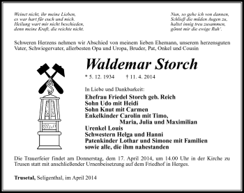 Traueranzeige von Waldemar Storch von Südthüringer Presse