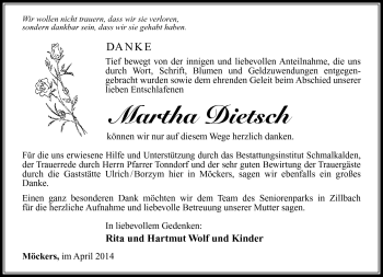 Traueranzeige von Martha Dietsch von Südthüringer Presse