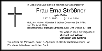 Traueranzeige von Erna Strößner von Frankenpost