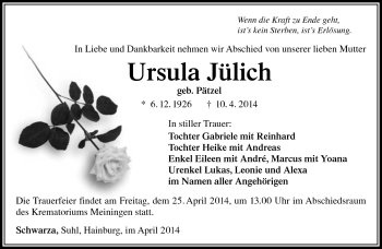 Traueranzeige von ursula Jühlich von Südthüringer Presse