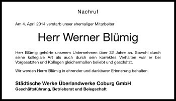 Traueranzeige von Werner Blümig von Neue Presse Coburg