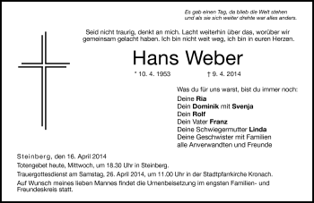 Traueranzeige von Hans Weber von Neue Presse Coburg