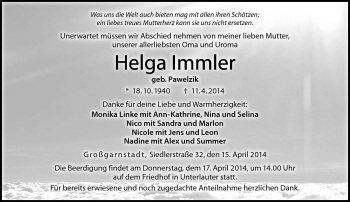 Traueranzeige von Helga Immler von Neue Presse Coburg
