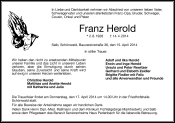Traueranzeige von Franz Herold von Frankenpost