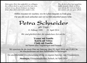 Traueranzeige von Petra Schneider von Südthüringer Presse