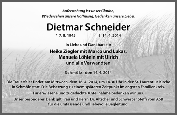 Traueranzeige von Dietmar Schneider von Neue Presse Coburg