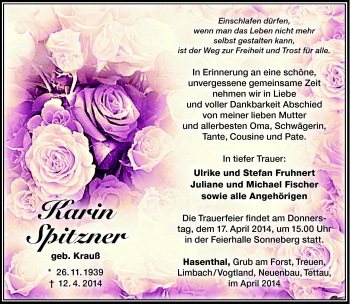Traueranzeige von Karin Spitzner von Südthüringer Presse