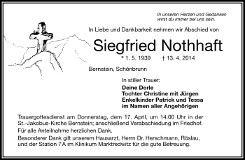 Traueranzeige von Siegfried Nothhaft von Frankenpost