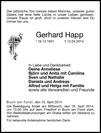 Traueranzeige von Gerhard Happ von Neue Presse Coburg