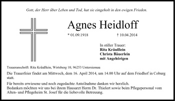 Traueranzeige von Agnes Heidloff von Neue Presse Coburg