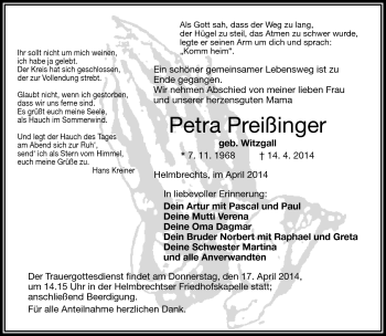 Traueranzeige von Petra Preißinger von Frankenpost