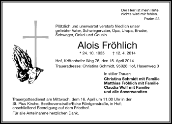 Traueranzeige von Alois Fröhlich von Frankenpost