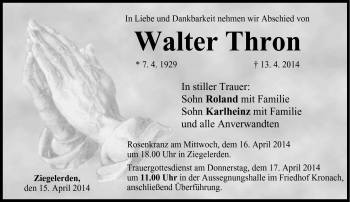 Traueranzeige von Walter Thron von Neue Presse Coburg