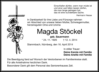Traueranzeige von Magda Stöckel von Frankenpost
