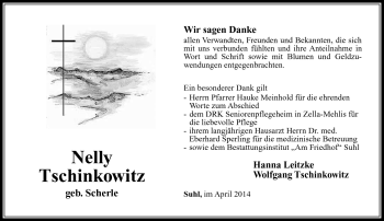 Traueranzeige von Nelly Tschinkowitz von Südthüringer Presse