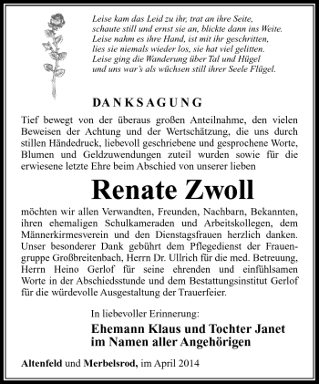 Traueranzeige von Renate Zwoll von Südthüringer Presse