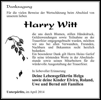 Traueranzeige von Harry Witt von Südthüringer Presse