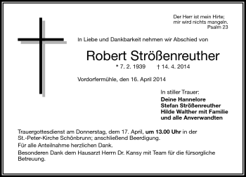 Traueranzeige von Robert Strößenreuther von Frankenpost