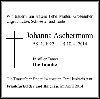 Traueranzeige von Johanna Aschermann von Südthüringer Presse