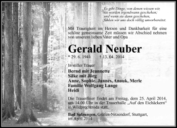 Traueranzeige von Gerald Neuber von Südthüringer Presse