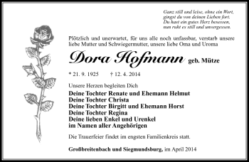 Traueranzeige von Dora Hofmann von Südthüringer Presse