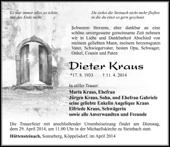Traueranzeige von Dieter Kraus von Südthüringer Presse