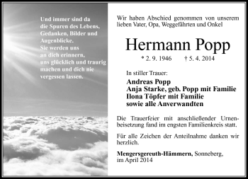 Traueranzeige von Hermann Popp von Südthüringer Presse
