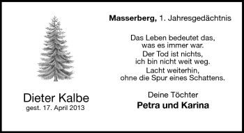 Traueranzeige von Dieter Kalbe von Südthüringer Presse