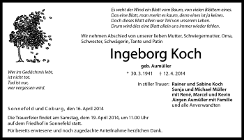 Traueranzeige von Ingeborg Koch von Neue Presse Coburg