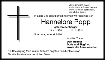 Traueranzeige von Hannelore Popp von Frankenpost