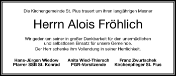 Traueranzeige von Alois Fröhlich von Frankenpost