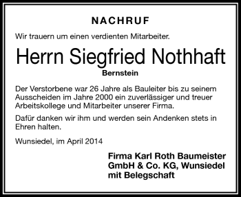 Traueranzeige von Siegfried Nothhaft von Frankenpost