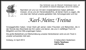Traueranzeige von Karl-Heinz Freina von Frankenpost