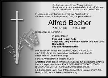Traueranzeige von Alfred Becher von Frankenpost