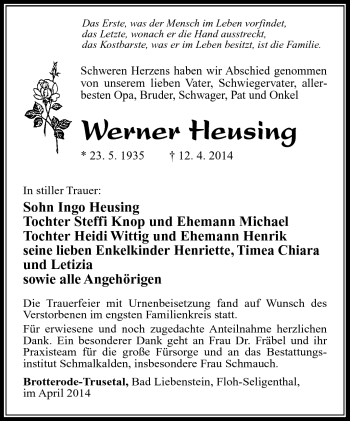 Traueranzeige von Werner Heusing von Südthüringer Presse