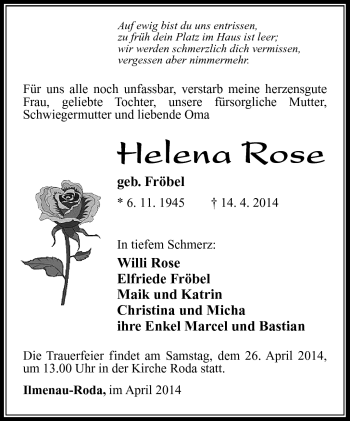 Traueranzeige von Helena Rose von Südthüringer Presse