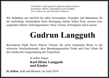 Traueranzeige von Gudrun Langguth von Südthüringer Presse