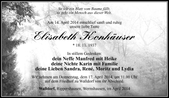 Traueranzeige von Elisabeth Konhäuser von Südthüringer Presse