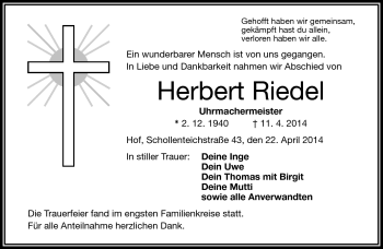 Traueranzeige von Herbert Riedel von Frankenpost