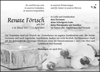 Traueranzeige von Renate Förtsch von Südthüringer Presse