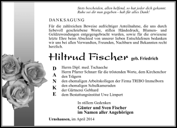 Traueranzeige von Hiltrud Fischer von Südthüringer Presse