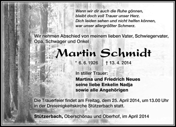 Traueranzeige von Martin Schmidt von Südthüringer Presse