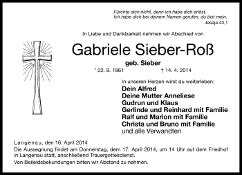 Traueranzeige von Gabriele Sieber-Roß von Neue Presse Coburg