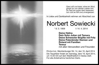 Traueranzeige von Norbert Sowiecki von Neue Presse Coburg