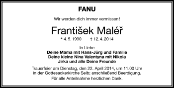 Traueranzeige von Frantisek Maler von Frankenpost