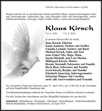 Traueranzeige von Klaus Kirsch von Südthüringer Presse