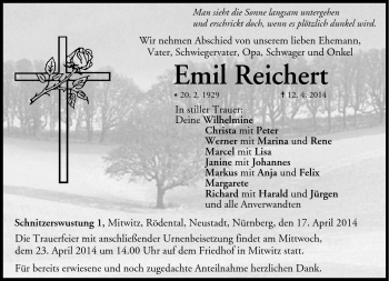 Traueranzeige von Emil Reichert von Neue Presse Coburg