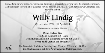 Traueranzeige von Willy Lindig von Südthüringer Presse