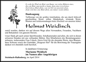 Traueranzeige von Helmut Weidisch von Südthüringer Presse