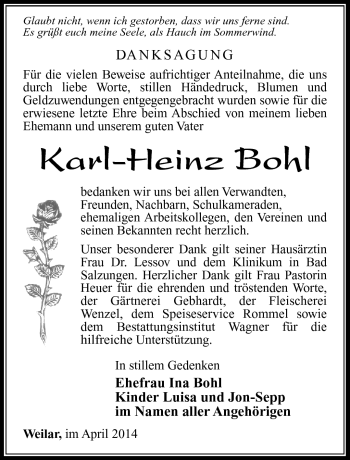Traueranzeige von Karl-Heinz Bohl von Südthüringer Presse